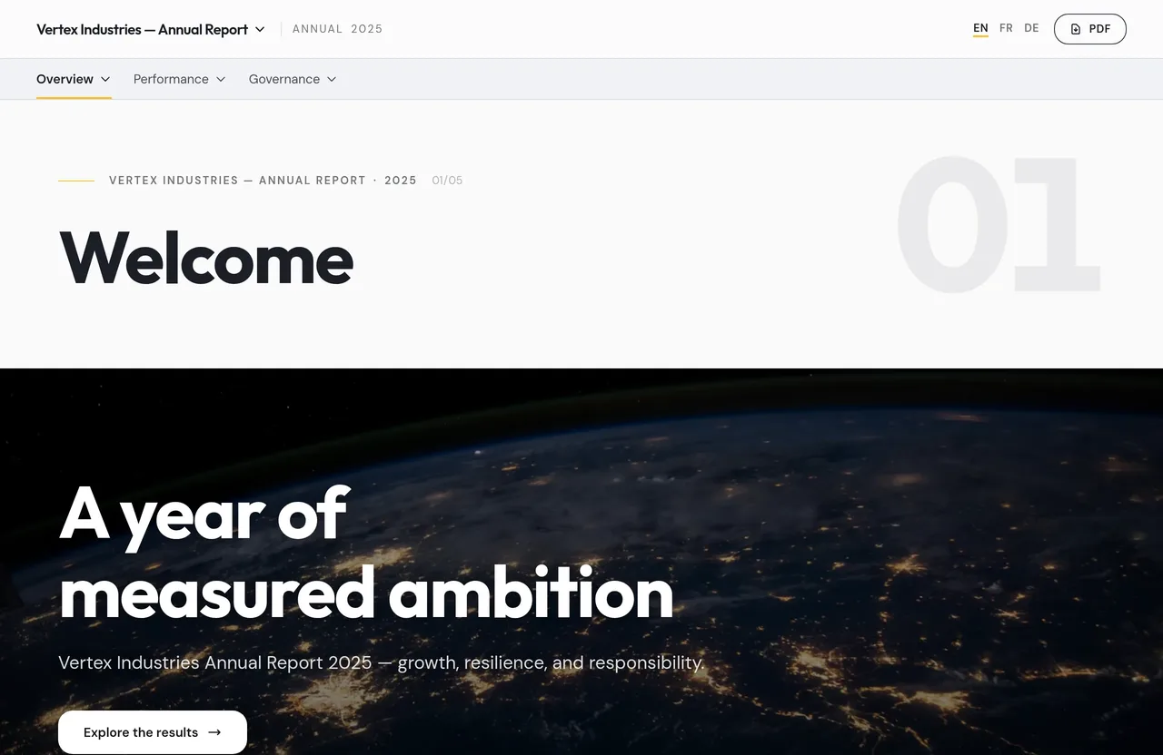 Vertex Industries demo annual report: topbar chapter navigation, editorial typography and a full-bleed hero image