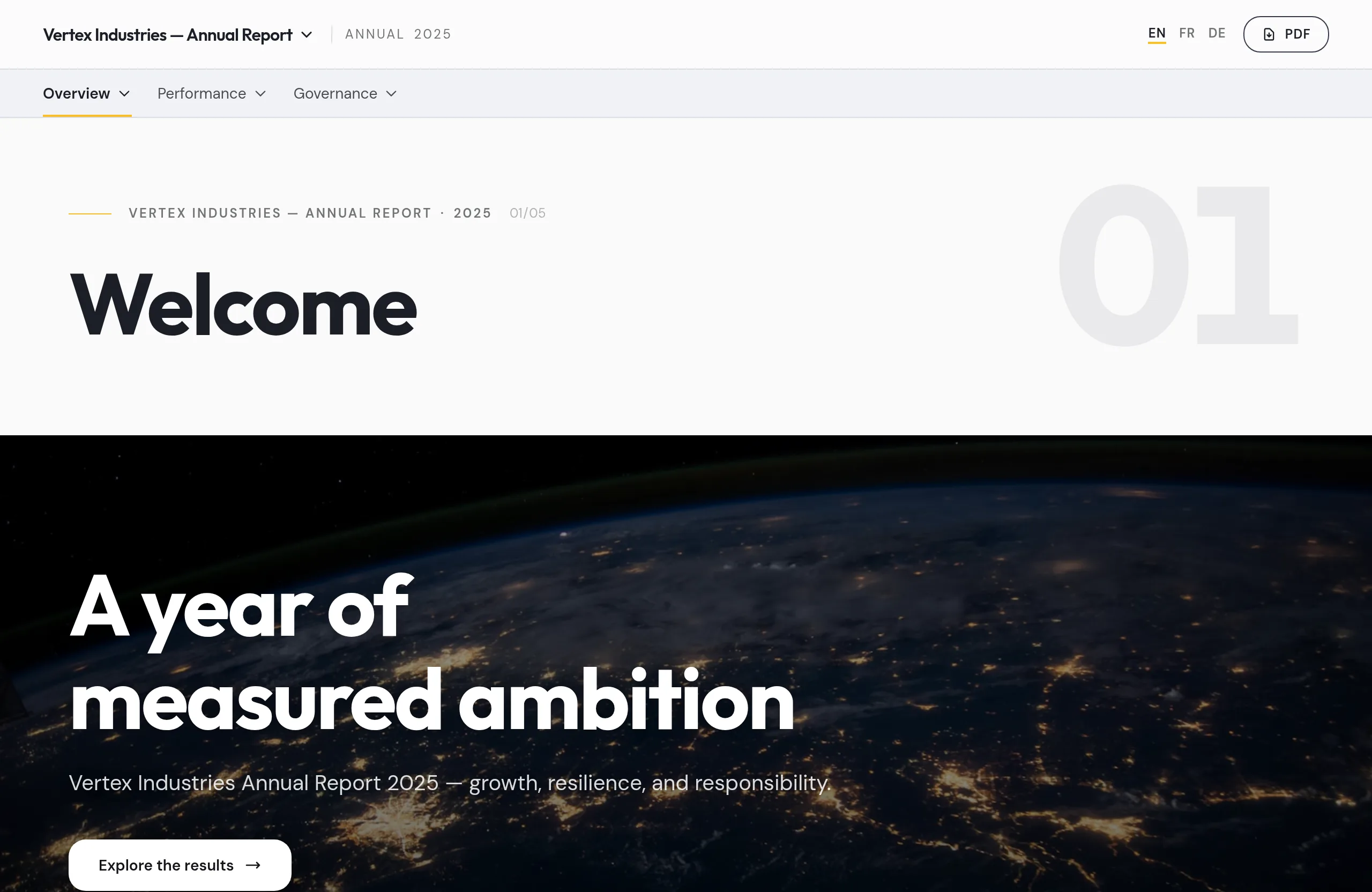 Vertex Industries demo annual report: topbar chapter navigation, editorial typography and a full-bleed hero image