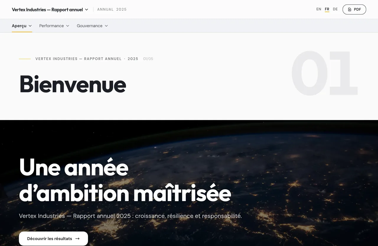 Rapport annuel de démonstration Vertex Industries : navigation par chapitres en barre supérieure, typographie éditoriale et image plein écran